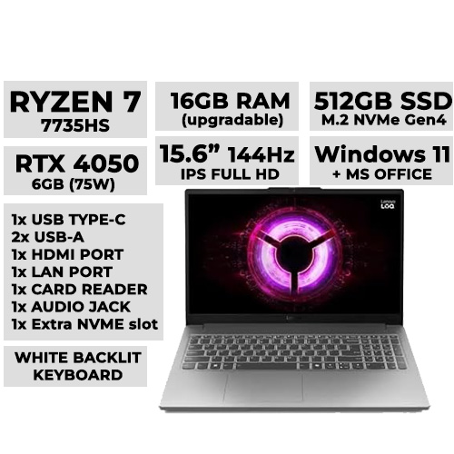 Lenovo LOQ Essential 15ARP10E 83S000BYPH Gaming Laptop 15.6" 144hz IPS | Ryzen 7 7735HS | 16GBx1 DDR5 (2 slot) | 512GB NVMe | RTX 4050 6GB